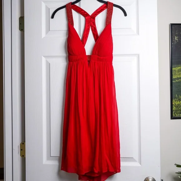 Niteline | Dresses | Red Silk Dress Open Back Deep Vneck Cocktail Prom  Homecoming | Poshmark